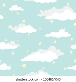 Seamless cartoon background with white clouds and shabby stars on turquoise sky. Overcast pattern. Vector illustration. Childish cute wallpaper. 