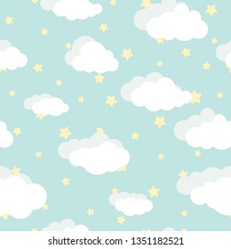 Seamless cartoon background with white clouds and shabby stars on powder blue sky. Overcast pattern. Vector illustration. Childish cute wallpaper. 