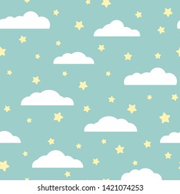 Seamless cartoon background with white clouds and yellow stars on blue sky. Overcast pattern. Vector illustration. Childish cute wallpaper. 