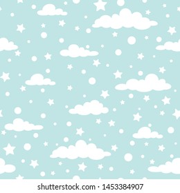 Seamless cartoon background with white clouds, snow and shabby stars on turquoise sky. Overcast pattern. Vector illustration. Magic  winter wallpaper. 