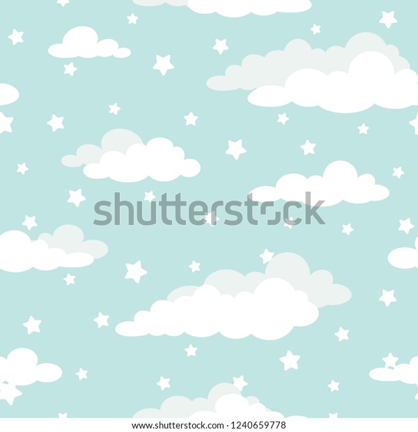 青緑色の空にシームレスなカートーンの背景に白い雲とみすぼらしい星 曇り模様 ベクターイラスト 子供じみたかわいい壁紙 のベクター画像素材 ロイヤリティフリー 1240659778