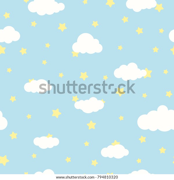 青い空に白い雲と黄色い星を持つシームレスな漫画の背景 曇り模様 ベクターイラスト 子供じみたかわいい壁紙 のベクター画像素材 ロイヤリティフリー