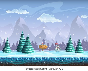 Seamless cartoon background with winter landscape sign snowman and bullfinch