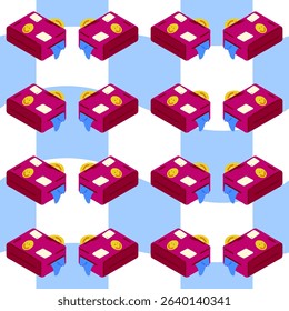 Seamless Cartoon Backpack School Pattern. Seamless pattern with pink cartoon backpacks decorated with stickers. Isometric flat style, bright youthful colors, checkered background.