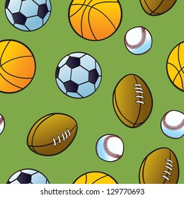 Seamless cartoon balls from popular team sports on a green background.