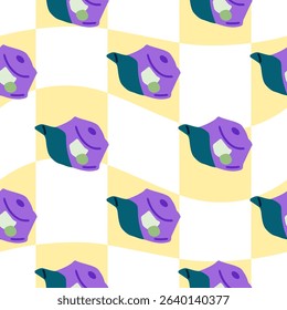 Seamless Cartoon Baseball Cap Pattern. Seamless pattern with purple and teal cartoon baseball caps on wavy checkerboard background. Flat style, fashion theme, bright summer colors.