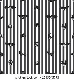Seamless cartoon bat vector pattern on striped background.