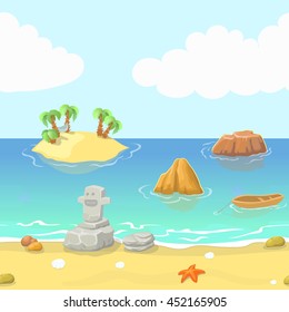 Seamless cartoon beach landscape with island, ocean and mountain, vector background for game.