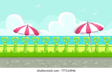 Seamless cartoon beach landscape. Summer background for game design. Separated layers for parallax effect.