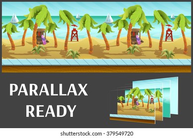 Seamless cartoon beach landscape, vector unending background with separated layers for game. 