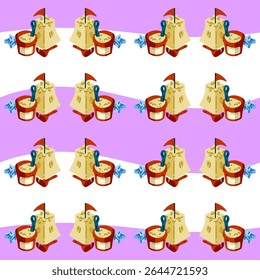 Seamless Cartoon Beach Toy Pattern — Bright beach toy set with sandcastle, bucket and star mold in a seamless repeat. Flat cartoon-style pattern with colorful summer elements on purple and white wave 