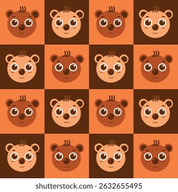 Seamless cartoon bear face pattern with orange and brown color blocks. Perfect for kids, baby products, textiles, wallpaper, and wrapping paper. Playful and cute animal background for creative designs