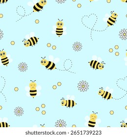 Seamless cartoon bees pattern. Funny bees background. Vector illustration, design for the nursery, wallpaper.
