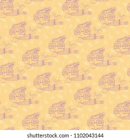 Seamless Cartoon Bird Hipster and Flower Pattern Plants. Hand drawn vector stock illustration.