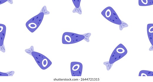 Seamless Cartoon Blue Fish Pattern — Cute blue fish with round eyes and simple shapes arranged in seamless repeat. Flat cartoon-style marine pattern on white background.