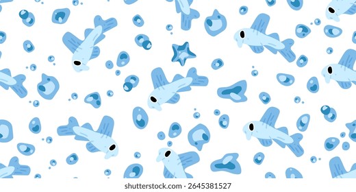 Seamless Cartoon Blue Fish Pattern. Seamless pattern with cute blue cartoon fish and bubbles on white background. Flat ocean-themed design with playful underwater elements.