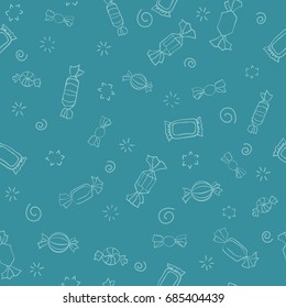 Seamless cartoon blue pattern of candies and sweets.	
