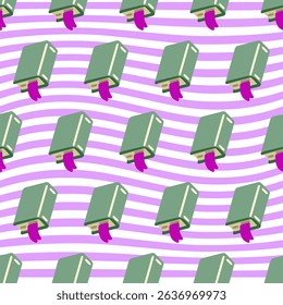 Seamless Cartoon Book Pattern Design. Green books with purple bookmarks in flat cartoon style arranged in a fun wavy seamless pattern on a striped purple and white background.