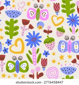 Seamless cartoon botanical texture with abstract flowers,starwberries,hearts, butterfly. Creative kids floral vector texture