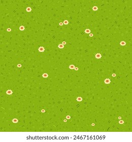 Seamless Cartoon Bright Lawn Grass Patterns with Small Flowers - Fresh, Bright Green Field Texture with Blooms, Green Meadow and Blooming Flowers. Pattern on Ground, Vector Background