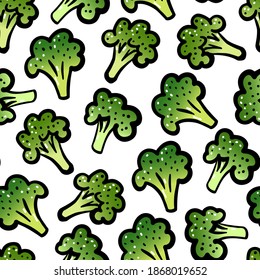 Seamless Cartoon broccoli pattern. Green broccoli isolated on white background. Hand-drawn fresh vegetables. The symbol of healthy food, eco nutrition, gardening, vegetarian menu. Vector illustration