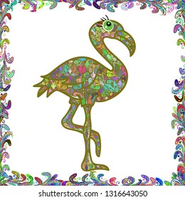 Seamless Cartoon brown, green and white in colors. Cute flamingos collection Flamingo. Flamingo vector set. Character animal exotic nature wild fauna illustration.