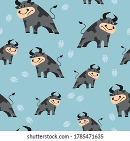 Seamless cartoon bulls pattern. Vector illustration with oxen