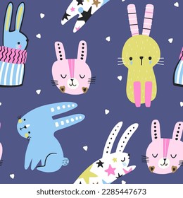 Seamless cartoon bunny pattern. Childish rabbits with hearts texture. Perfect for fabric, textile. Vector  spring background