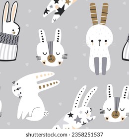 Patrón de conejito de caricatura sin foco. Conejos chilenos con textura gris del corazón. Perfecto para tela, textil. Fondo del muelle del vector
