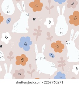 Seamless cartoon bunny pattern. Easter rabbits with flowers texture. Vector pastel spring background