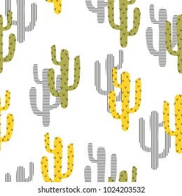 Seamless cartoon cactus pattern. Vector background with abstract green and yellow cactus.