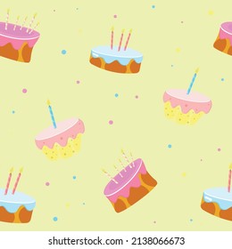 Seamless cartoon cake pattern on yellow background