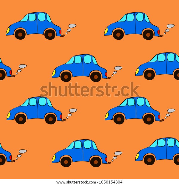 Seamless cartoon cars pattern on a orange\
background.  Happy baby\
pattern.