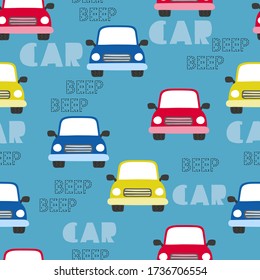 Seamless cartoon cars pattern. Vector transport auto background for kids.	