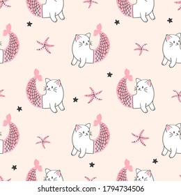 Seamless cartoon cat mermaid pattern. Vector marine background for kids.