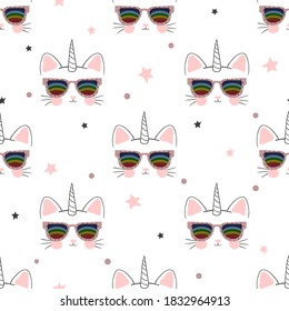Patrón unicornio de gato de caricatura sin foco. Impresión de bebé, niños textiles.