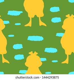 Seamless cartoon character pattern with duck silhouette and blue clouds. Decorative background.
