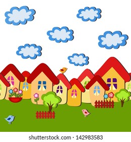 Seamless cartoon child pattern. Colorful cute summer village. Baby wallpaper. Vector illustration. 