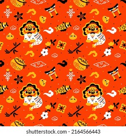 Seamless cartoon Chinese elements. Cute print with traditional Asian symbols. Lucky signs and lion mascots. Dragon and torii. Fish or bamboo. Oriental clouds. Garish