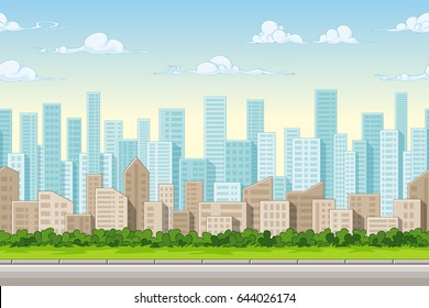 Seamless Cartoon City Background. Vector Illustration With Separate Layers.