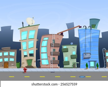 Seamless Cartoon City Landscape, Vector Unending Background With Road, Buildings And Sky Layers.
