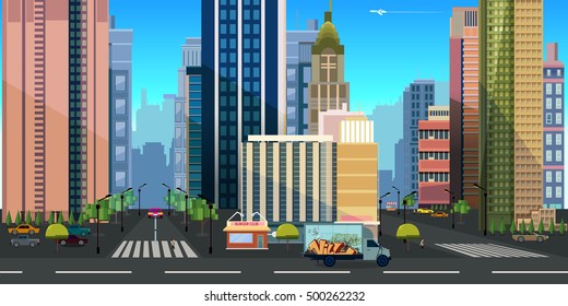 Seamless Cartoon City Landscape, Vector Unending Background With Road, Buildings And Sky Layers.