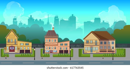 Seamless cartoon city landscape, vector unending background with road, buildings and sky layers