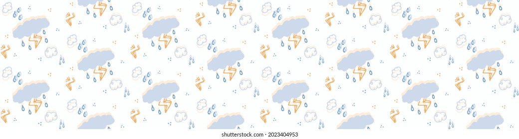  Seamless cartoon cloud with lightning doodle border. Whimsical minimal gender neutral color. Kids nursery banner or weather fashion all over print.