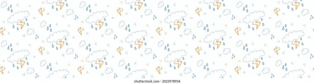  Seamless cartoon cloud with lightning doodle border. Whimsical minimal gender neutral color. Kids nursery banner or weather fashion all over print.