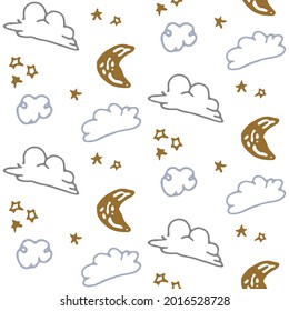 Seamless cartoon cloud with moon doodle pattern. Whimsical minimal gender neutral color. Kids nursery or weather fashion all over print.