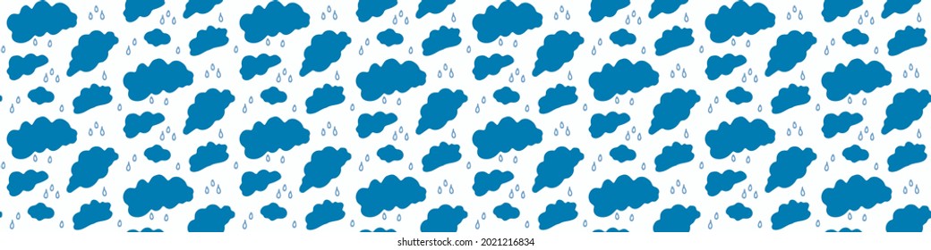 Seamless cartoon cloud with rain doodle border. Whimsical minimal gender neutral color. Kids nursery banner or weather fashion all over print.