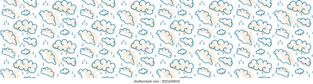 Seamless cartoon cloud with rain doodle border. Whimsical minimal gender neutral color. Kids nursery banner or weather fashion all over print.