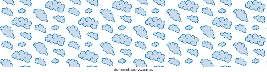 Seamless cartoon cloud sky doodle border. Whimsical minimal gender neutral color. Kids nursery banner or weather fashion all over print.