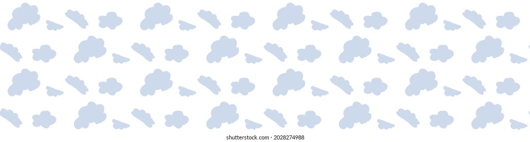 Seamless cartoon cloud sky doodle border. Whimsical minimal gender neutral color. Kids nursery banner or weather fashion all over print.